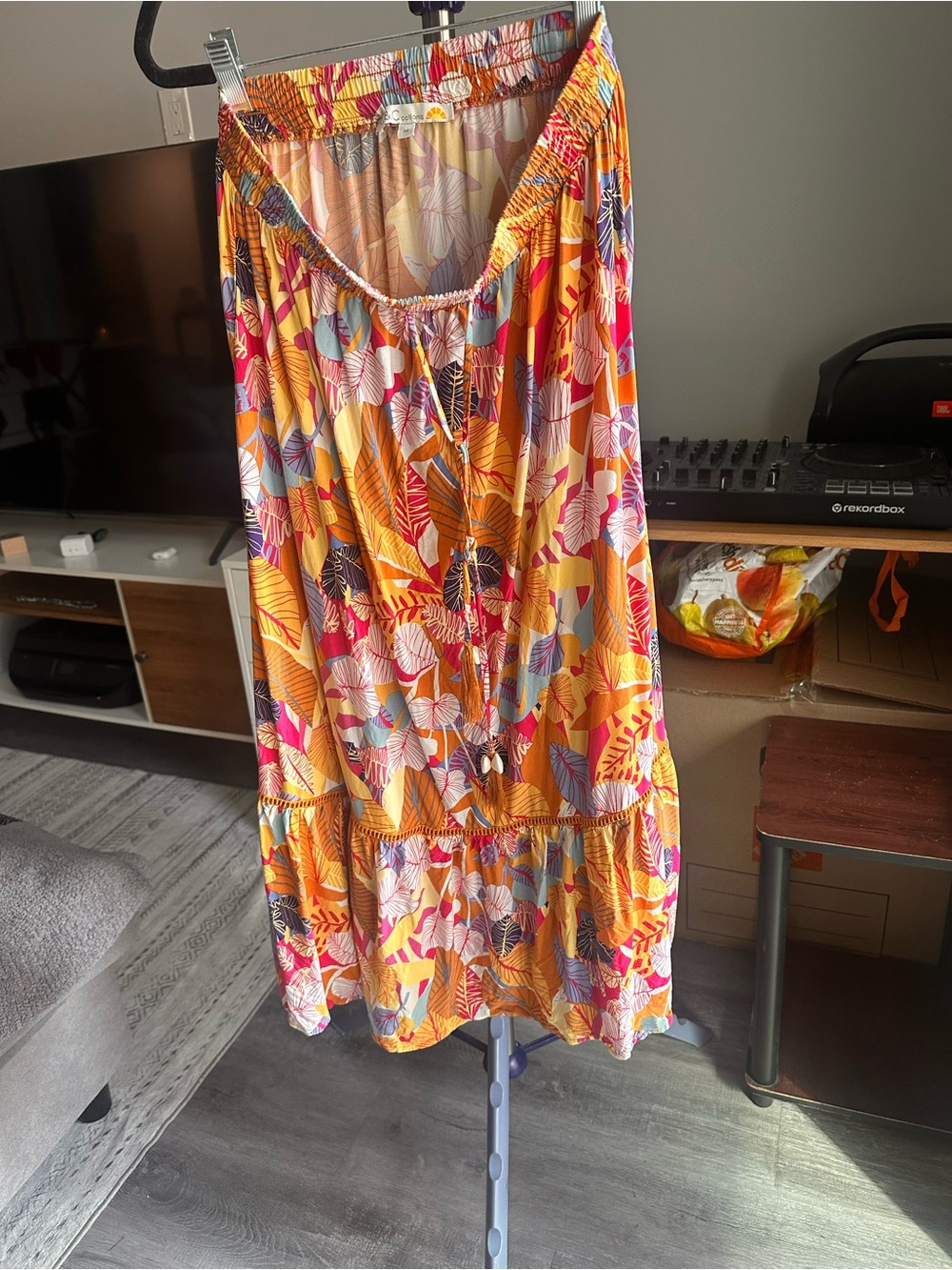 Women's Tropical Print Tiered Maxi Skirt - Yellow & Pink
